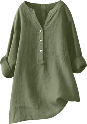 Womens Button Shirts Linen Roll Up Cuffed Sleeve V Neck Soft Shirts Casual Loose Plain Solid Blouses Tops