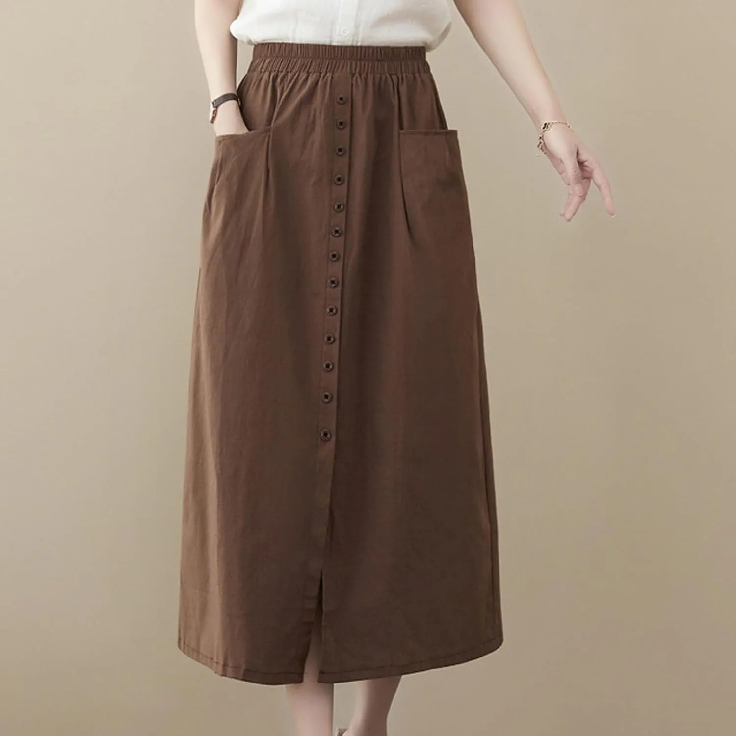 Women's Casual Button Long Skirt High Waist Pleated Solid Color Front Slit Skirt Summer Trendy Skirts with Pockets