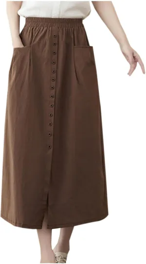 Women's Casual Button Long Skirt High Waist Pleated Solid Color Front Slit Skirt Summer Trendy Skirts with Pockets