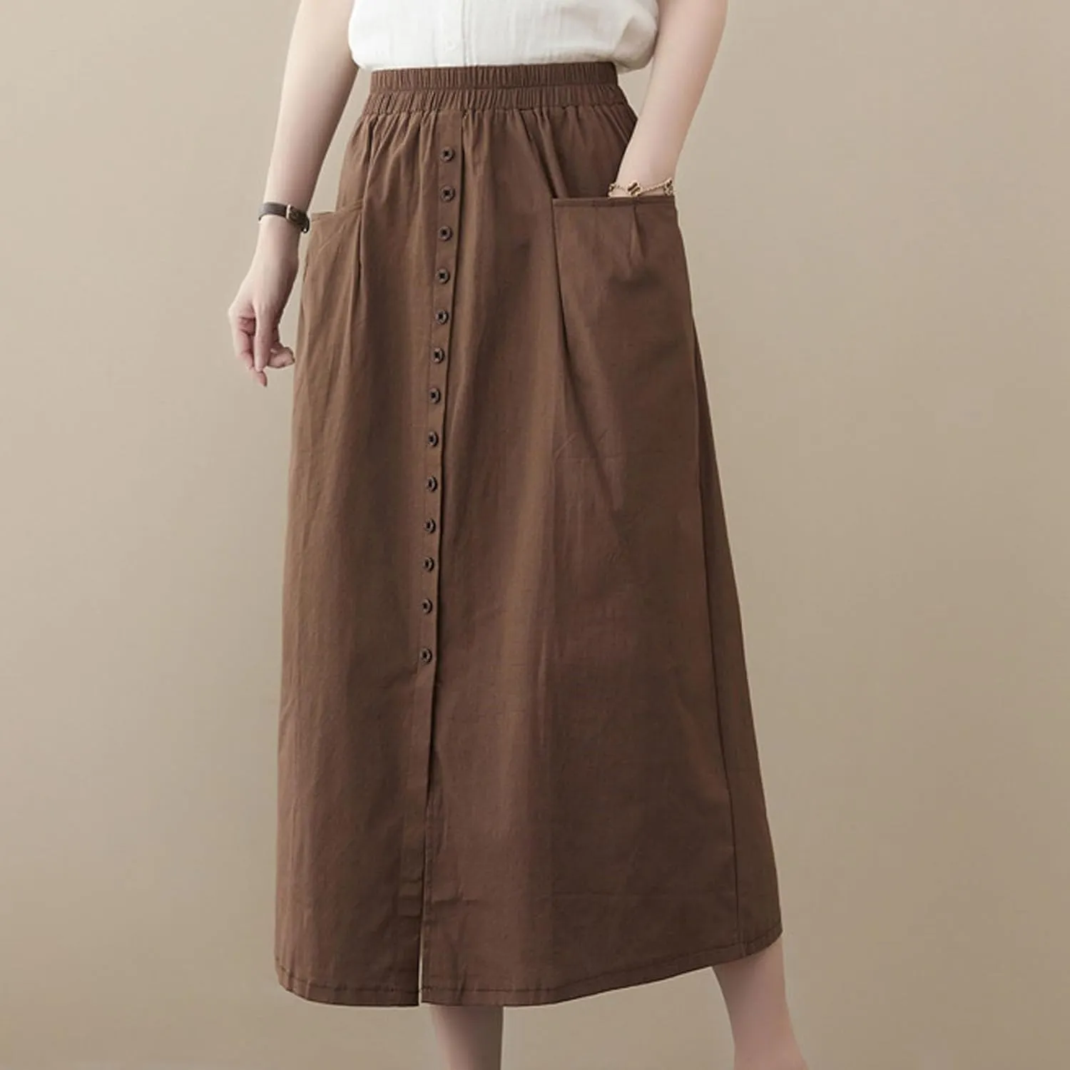 Women's Casual Button Long Skirt High Waist Pleated Solid Color Front Slit Skirt Summer Trendy Skirts with Pockets