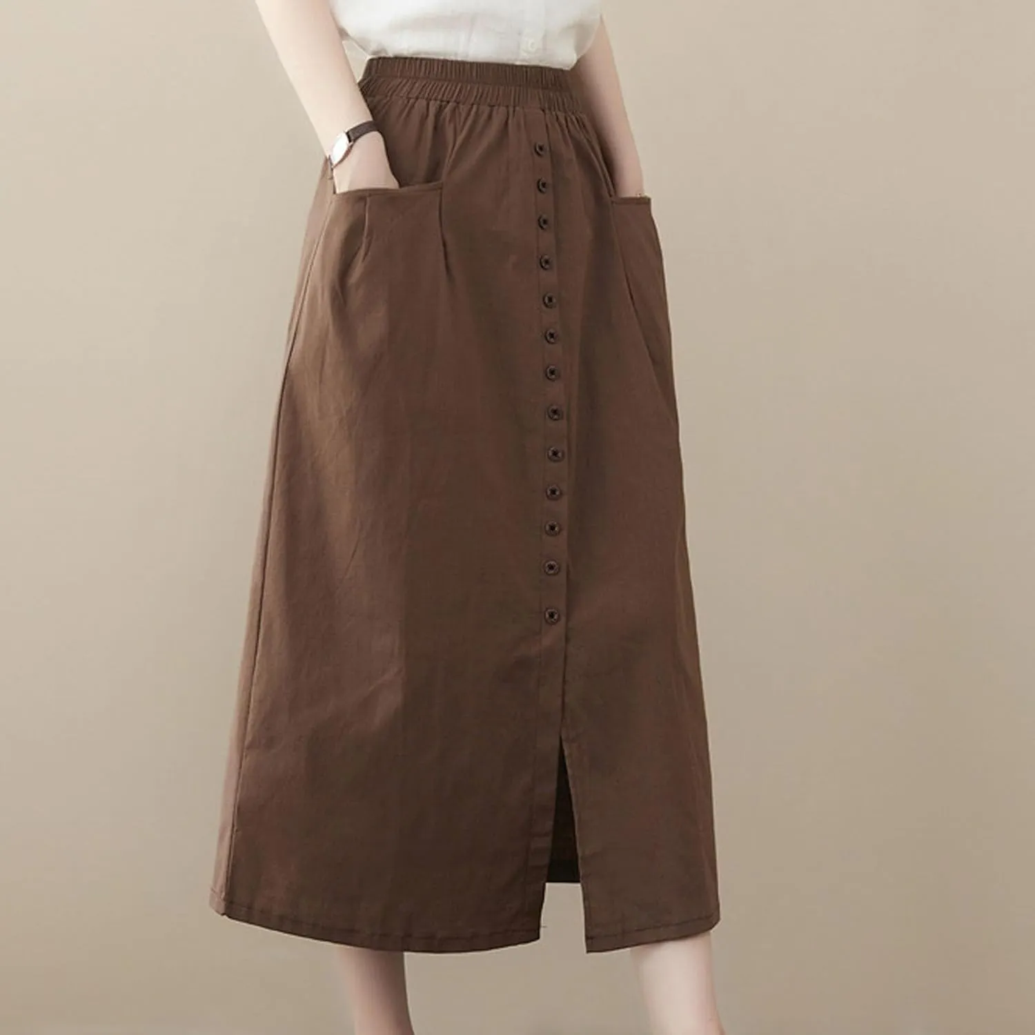 Women's Casual Button Long Skirt High Waist Pleated Solid Color Front Slit Skirt Summer Trendy Skirts with Pockets