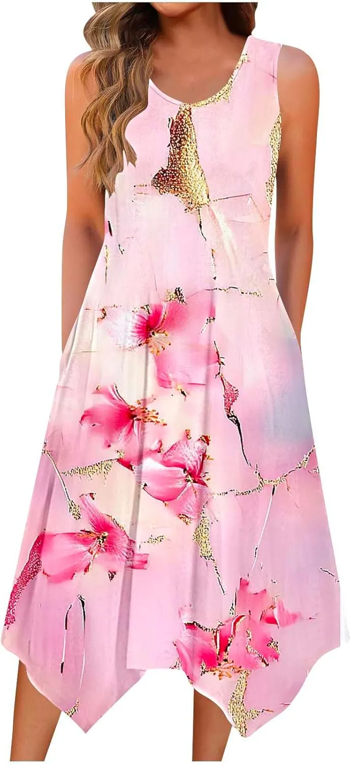 Womens Casual Dress for Summer Tank Dress Loose Flowy Beach Dress with Pockets Hankerchief Flare Midi Sundress