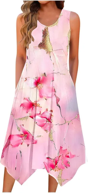 Womens Casual Dress for Summer Tank Dress Loose Flowy Beach Dress with Pockets Hankerchief Flare Midi Sundress