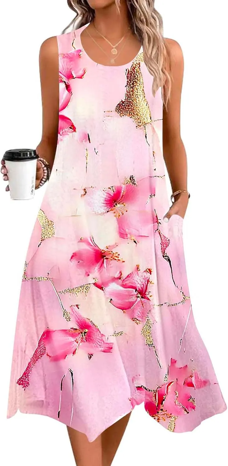 Womens Casual Dress for Summer Tank Dress Loose Flowy Beach Dress with Pockets Hankerchief Flare Midi Sundress