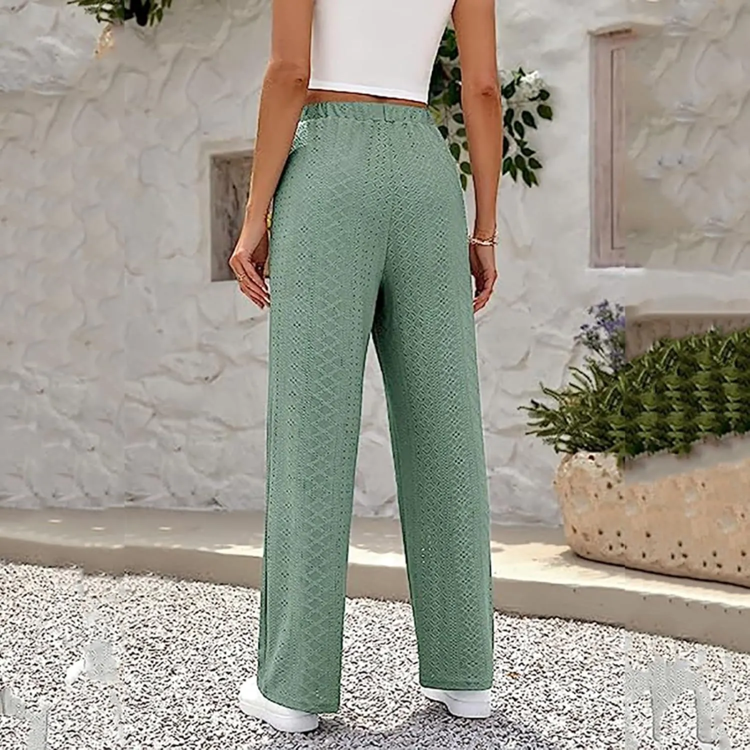 Women's Casual Elastic High Waist Trousers with Pockets Lightweight Straight Wide Leg Plus Size Casual Business Pants
