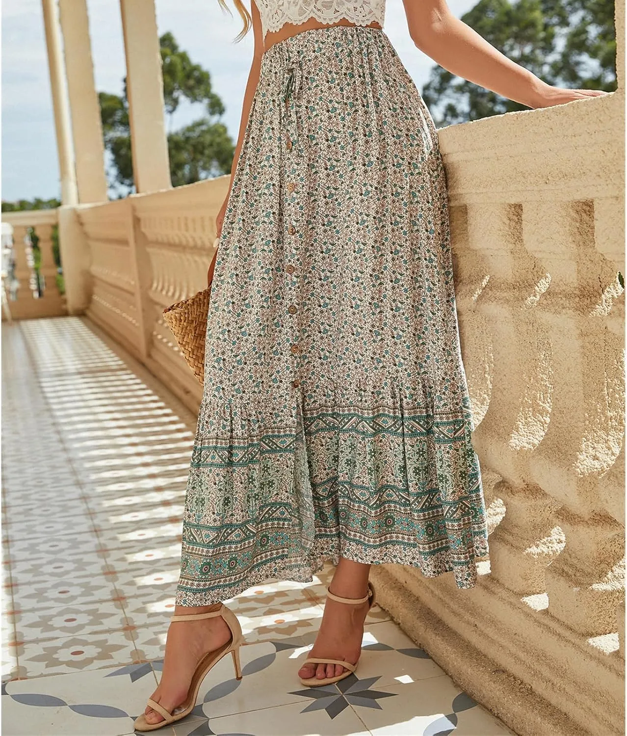 Womens Casual Maxi Skirts Bohemian Floral Print Long Skirt Summer Drawstring Elastic Waist Skirt 2025 Fashion