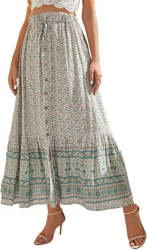 Womens Casual Maxi Skirts Bohemian Floral Print Long Skirt Summer Drawstring Elastic Waist Skirt 2025 Fashion