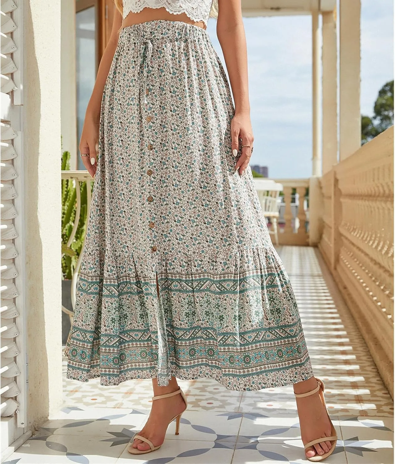 Womens Casual Maxi Skirts Bohemian Floral Print Long Skirt Summer Drawstring Elastic Waist Skirt 2025 Fashion