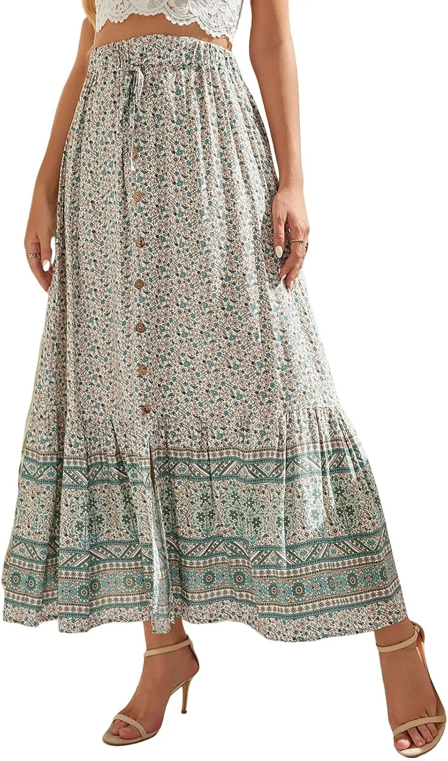 Womens Casual Maxi Skirts Bohemian Floral Print Long Skirt Summer Drawstring Elastic Waist Skirt 2025 Fashion