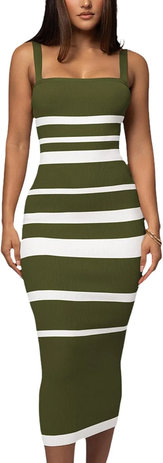 Women's Casual Spring Summer Striped Midi Dress Ribbed Knit Sleeveless Bodycon Sweater Dresses
