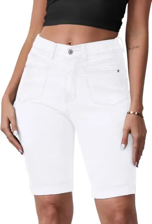 Women's Casual Straight Leg Long Denim Shorts Elastic Bermuda Jean Shorts