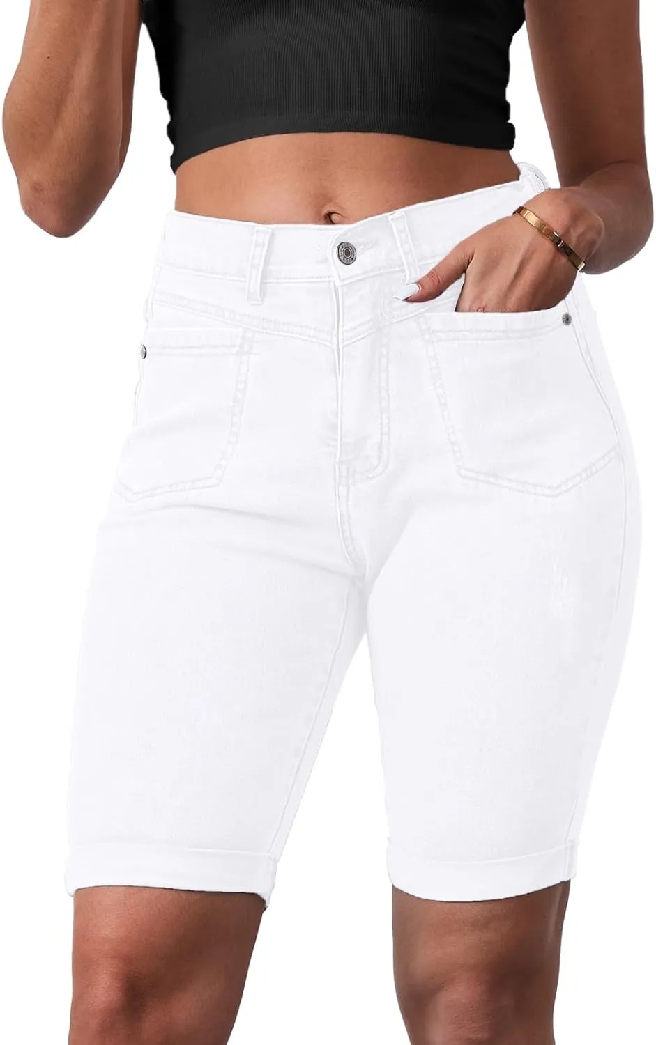 Women's Casual Straight Leg Long Denim Shorts Elastic Bermuda Jean Shorts