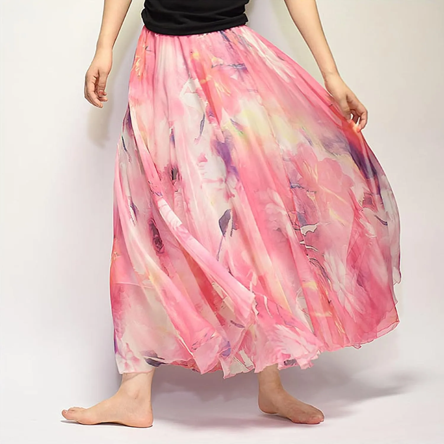 Women's Chiffon Floral Boho Skirts Flowy Double-Layered Mesh Maxi Skirt Elegant Pleated A-Line Long Beach Skirts