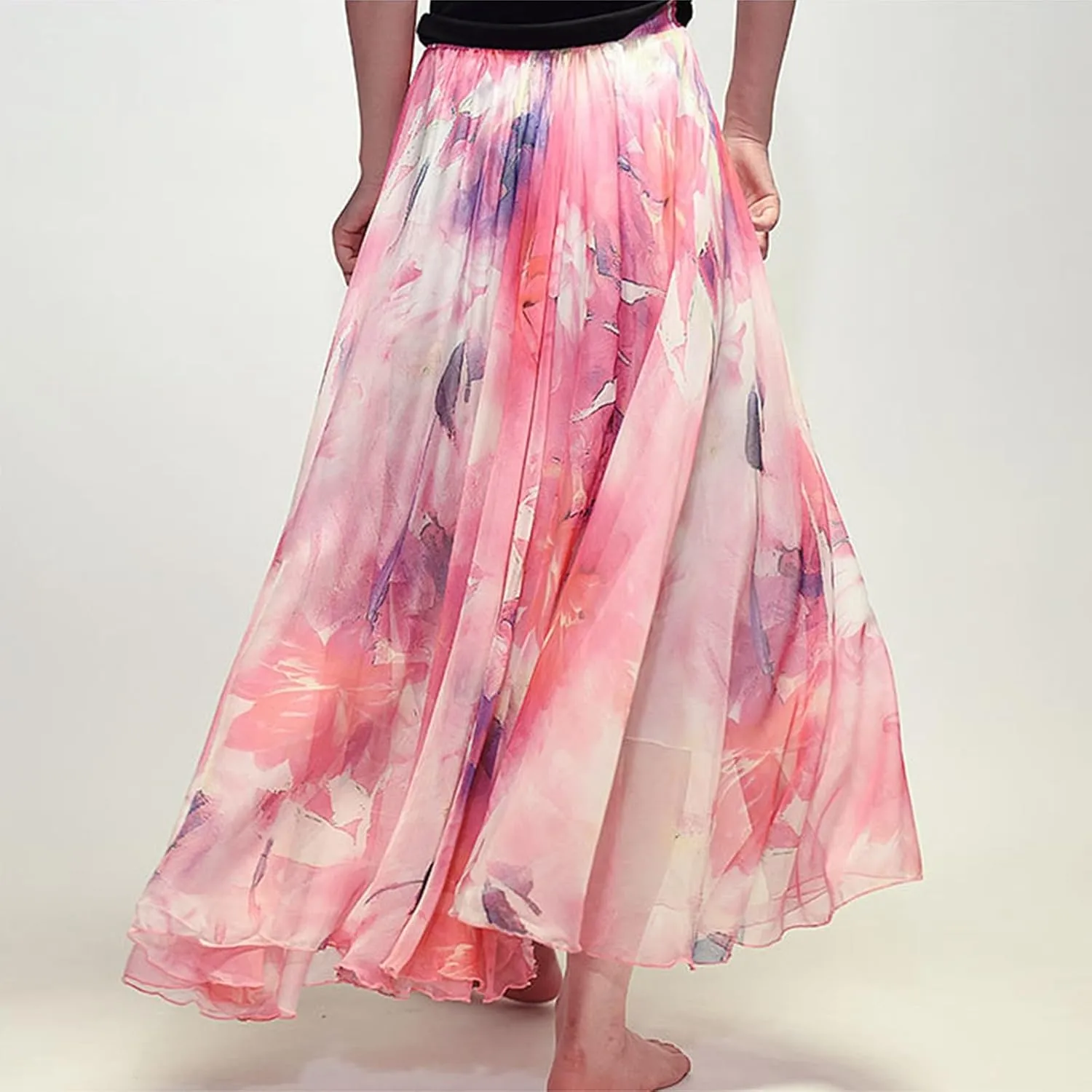 Women's Chiffon Floral Boho Skirts Flowy Double-Layered Mesh Maxi Skirt Elegant Pleated A-Line Long Beach Skirts