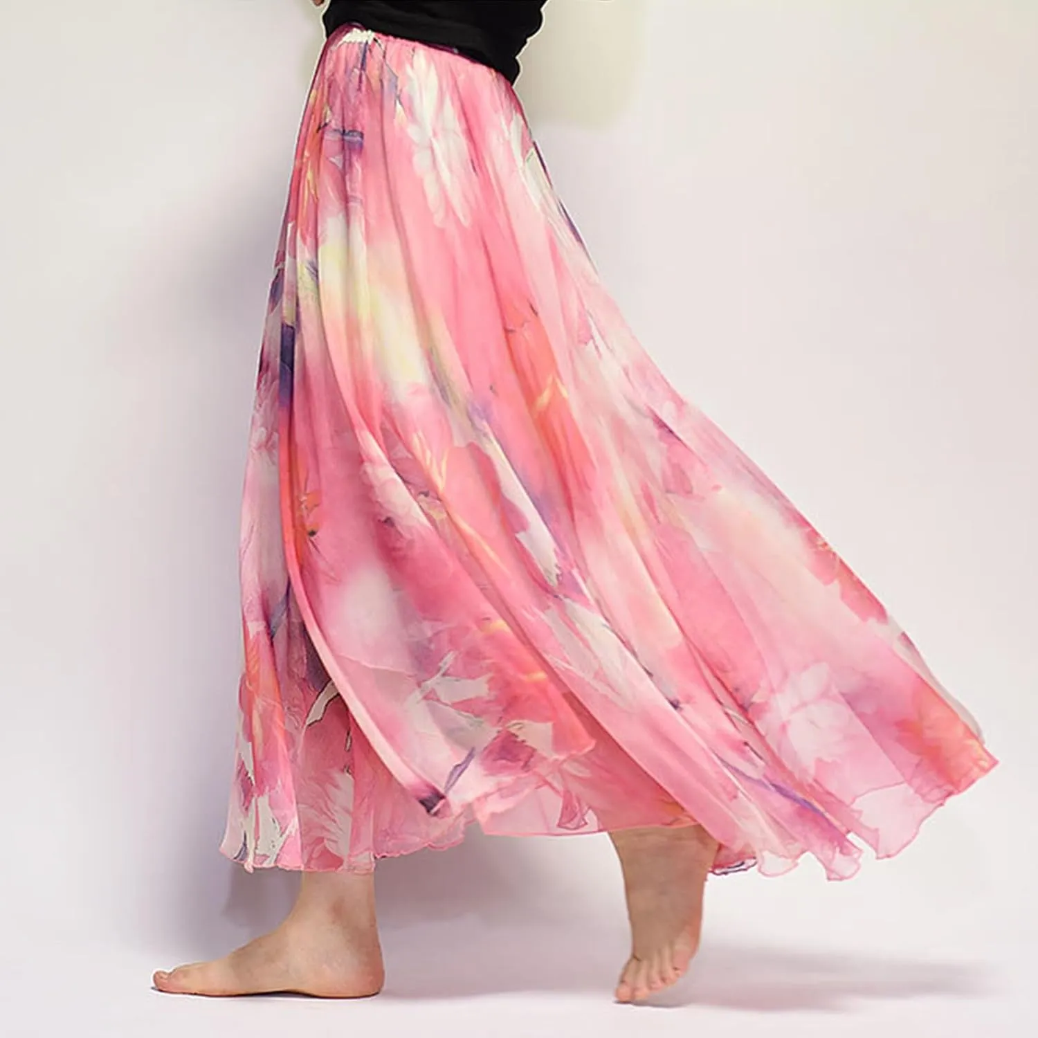 Women's Chiffon Floral Boho Skirts Flowy Double-Layered Mesh Maxi Skirt Elegant Pleated A-Line Long Beach Skirts