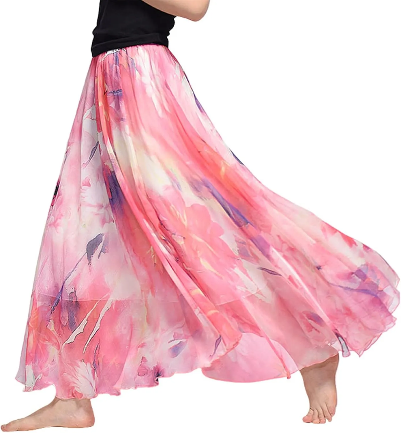 Women's Chiffon Floral Boho Skirts Flowy Double-Layered Mesh Maxi Skirt Elegant Pleated A-Line Long Beach Skirts