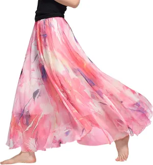 Women's Chiffon Floral Boho Skirts Flowy Double-Layered Mesh Maxi Skirt Elegant Pleated A-Line Long Beach Skirts