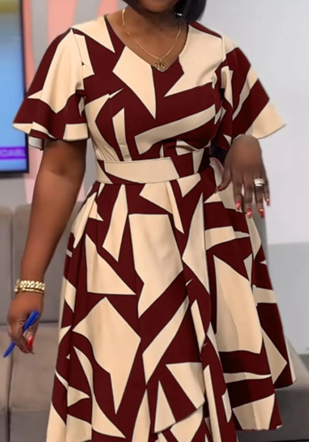 Women's Color Block V Neck Midi Dresses Short Sleeve Plus Size Print Wrap Flared Midi Dress Cocktail