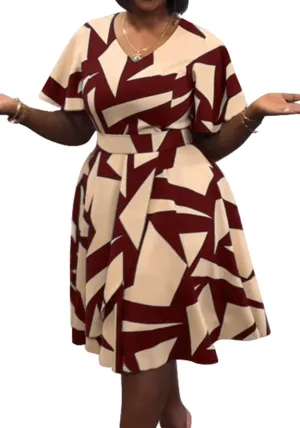 Women's Color Block V Neck Midi Dresses Short Sleeve Plus Size Print Wrap Flared Midi Dress Cocktail