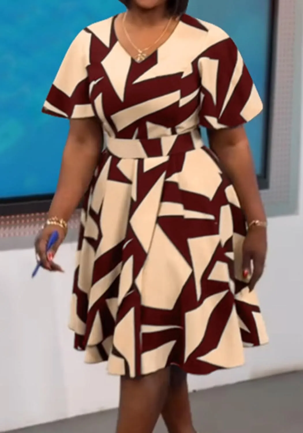 Women's Color Block V Neck Midi Dresses Short Sleeve Plus Size Print Wrap Flared Midi Dress Cocktail