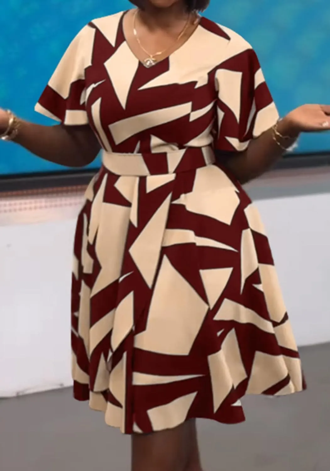 Women's Color Block V Neck Midi Dresses Short Sleeve Plus Size Print Wrap Flared Midi Dress Cocktail