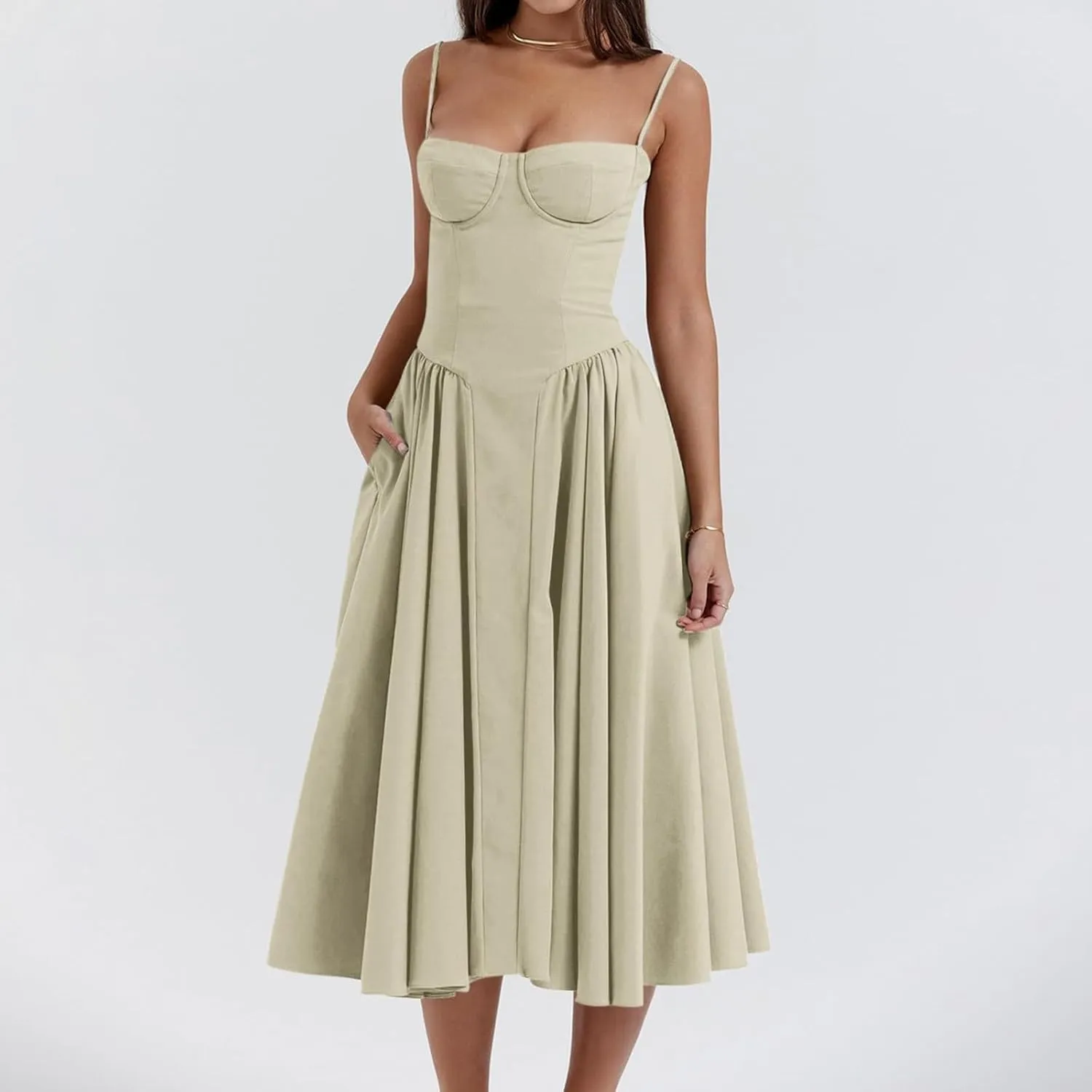 Womens Corset Dress Sexy Sleeveless Spaghetti Strap Bustier A Line Flowy Swing Midi Dress Low Cut Dressy Sundress