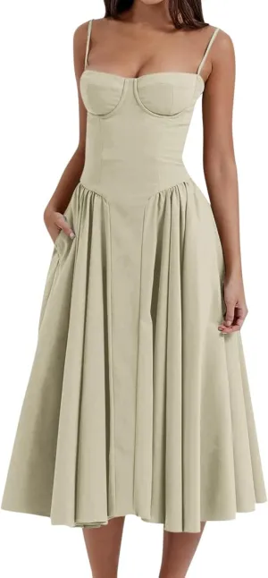 Womens Corset Dress Sexy Sleeveless Spaghetti Strap Bustier A Line Flowy Swing Midi Dress Low Cut Dressy Sundress
