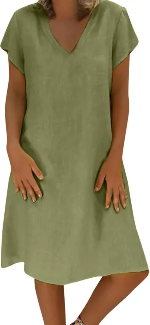 Womens Cotton Linen Knee Length Dress Summer Solid Color Short Sleeve V-Neck T Shirt Dresses Plus Size Beach Dress