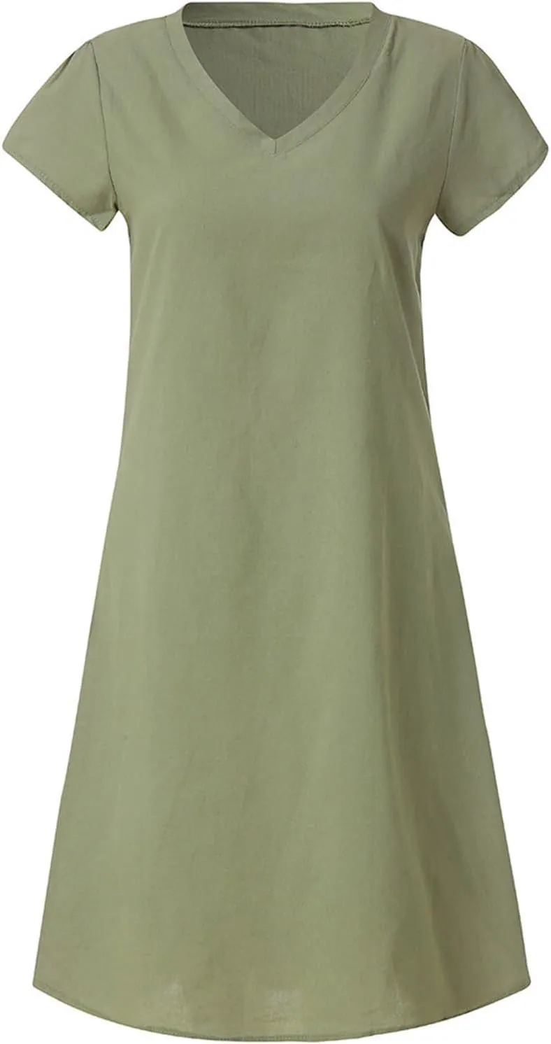 Womens Cotton Linen Knee Length Dress Summer Solid Color Short Sleeve V-Neck T Shirt Dresses Plus Size Beach Dress