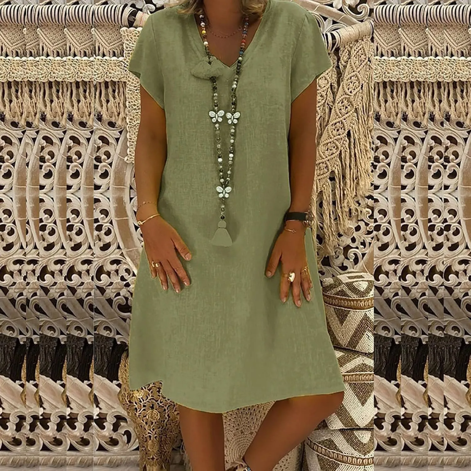 Womens Cotton Linen Knee Length Dress Summer Solid Color Short Sleeve V-Neck T Shirt Dresses Plus Size Beach Dress