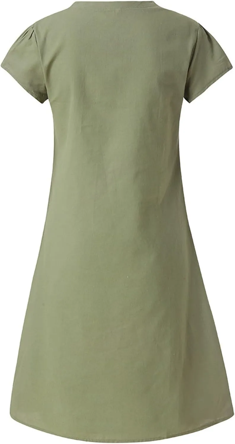 Womens Cotton Linen Knee Length Dress Summer Solid Color Short Sleeve V-Neck T Shirt Dresses Plus Size Beach Dress