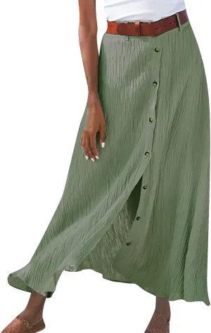 Womens Cotton Linen Skirts Button Down High Waist A Line Long Skirt Flowy Lightweight Slit Beach Maxi Skirt