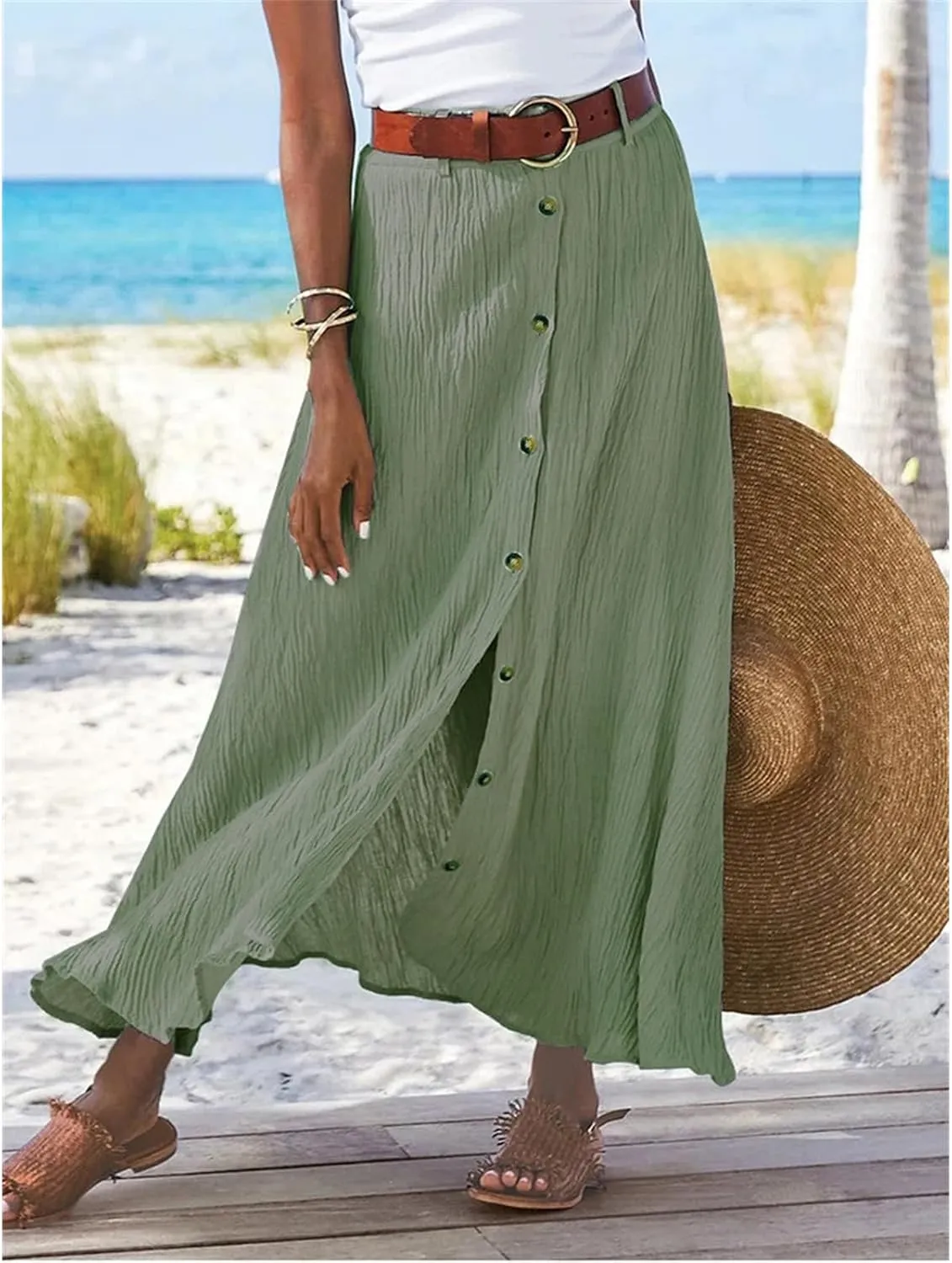 Womens Cotton Linen Skirts Button Down High Waist A Line Long Skirt Flowy Lightweight Slit Beach Maxi Skirt