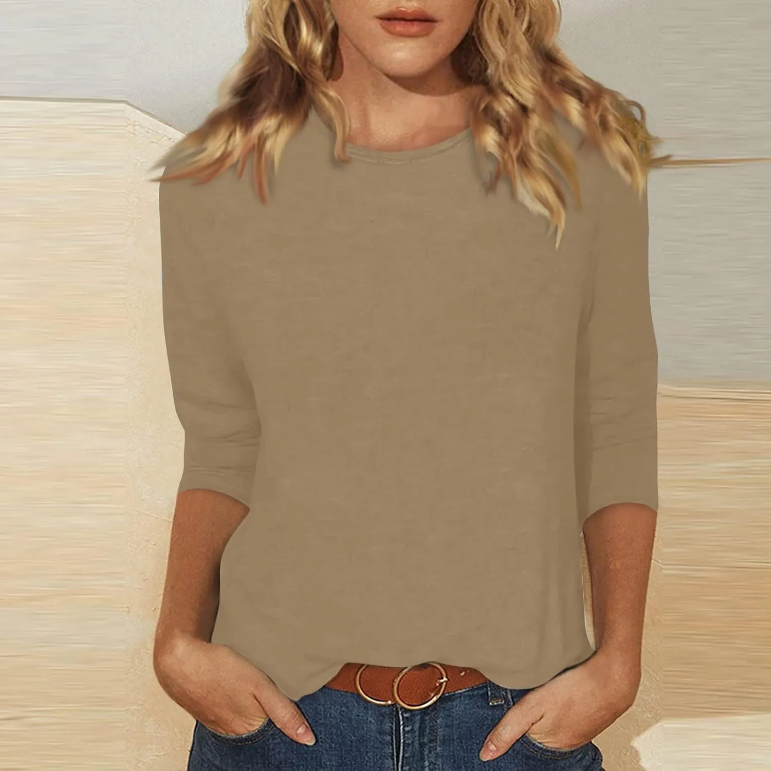 Women's Crewneck 3/4 Sleeve Tops,Casual Trendy Loose Fit Summer T Shirts Plain Tees Basic Tunic Blouses