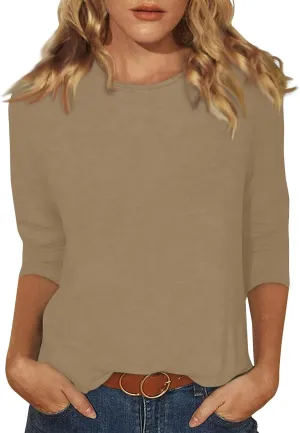 Women's Crewneck 3/4 Sleeve Tops,Casual Trendy Loose Fit Summer T Shirts Plain Tees Basic Tunic Blouses