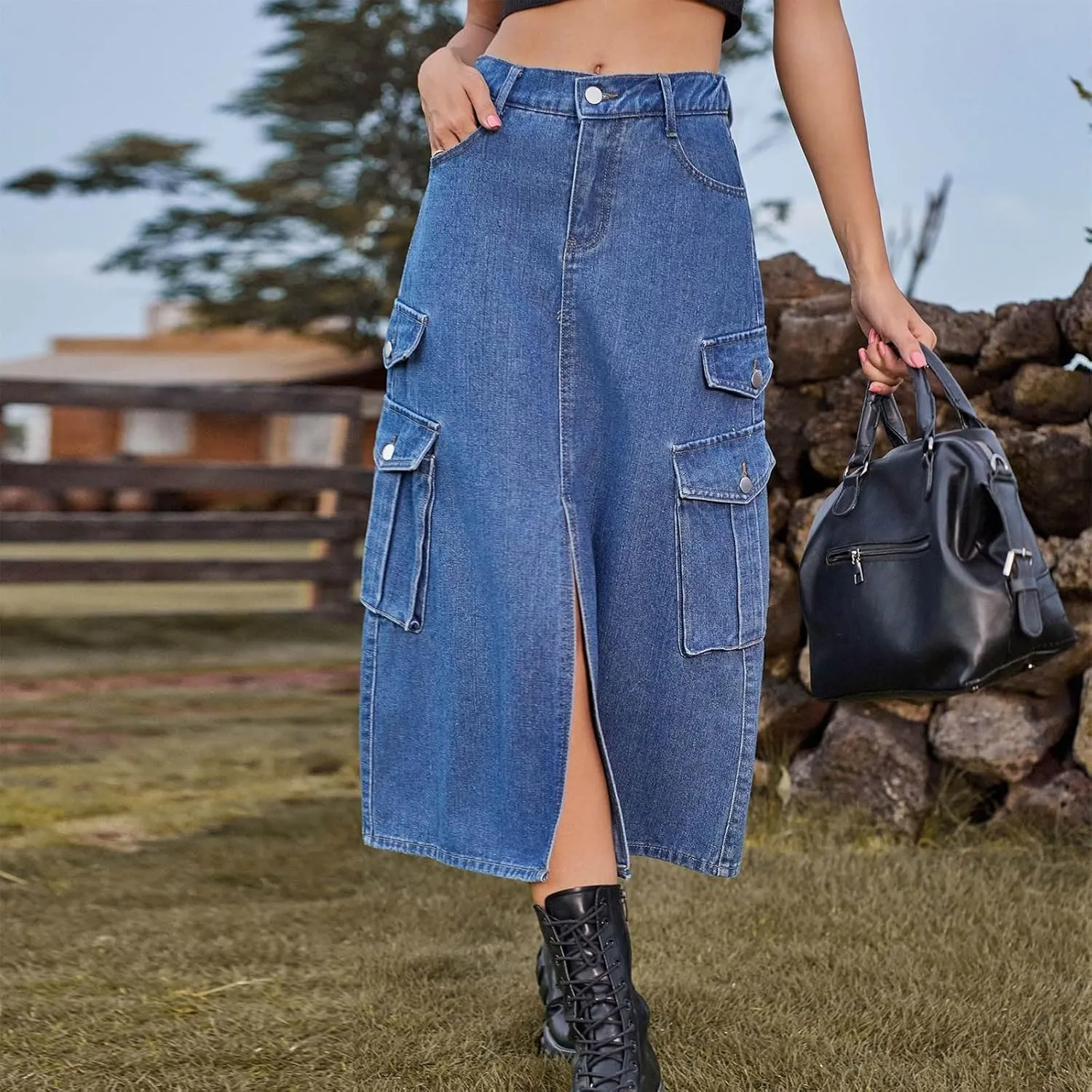 Womens Denim Cargo Skirts Slim Fit Calf Length Back Slit Jean Elastic High Waist Pencil Skirt Flap Pockets Streetwear