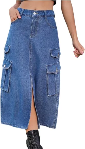Womens Denim Cargo Skirts Slim Fit Calf Length Back Slit Jean Elastic High Waist Pencil Skirt Flap Pockets Streetwear