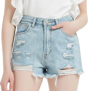 Women's Denim Shorts Stretchy High Waisted Ripped Hole Trendy Vintage Shorts Jeans Solid Fray Hem Slim Shorts Womens Shorts for Summer