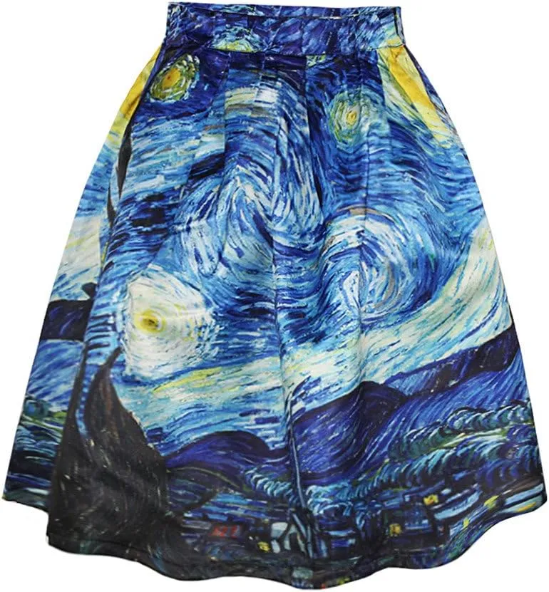 Women's Digital Print High Waisted A-Line Pleated Vintage Midi Skirts