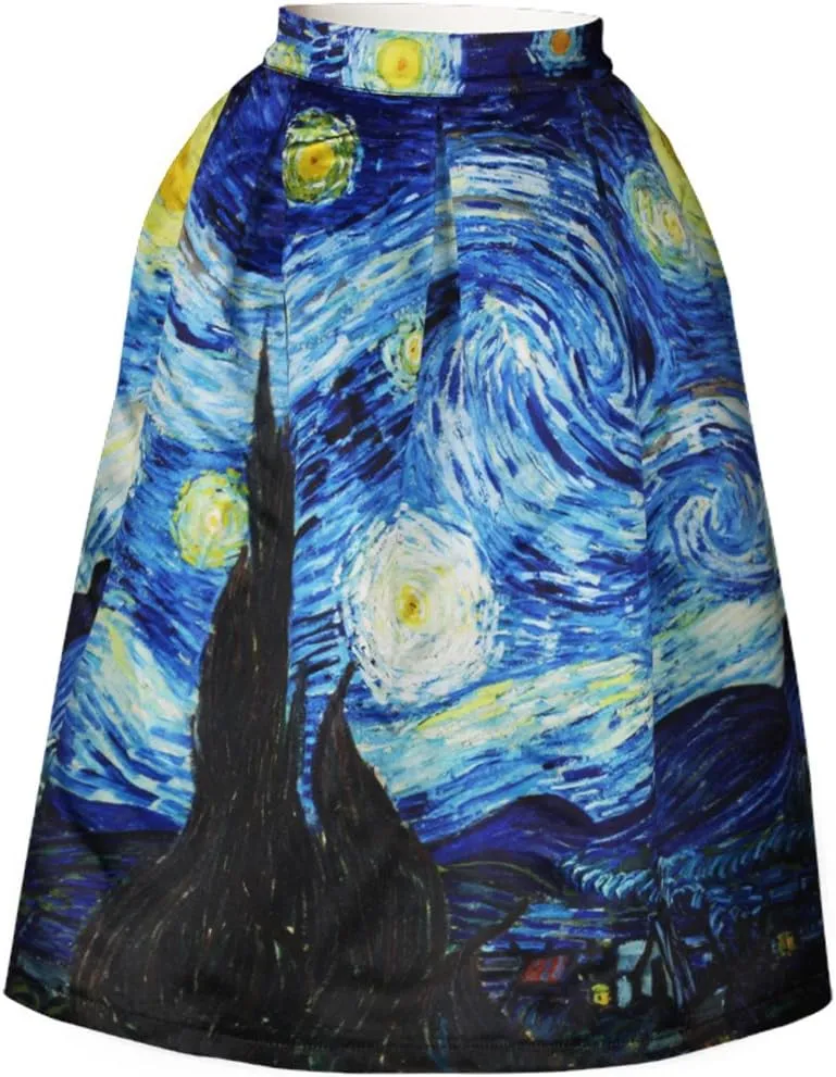 Women's Digital Print High Waisted A-Line Pleated Vintage Midi Skirts