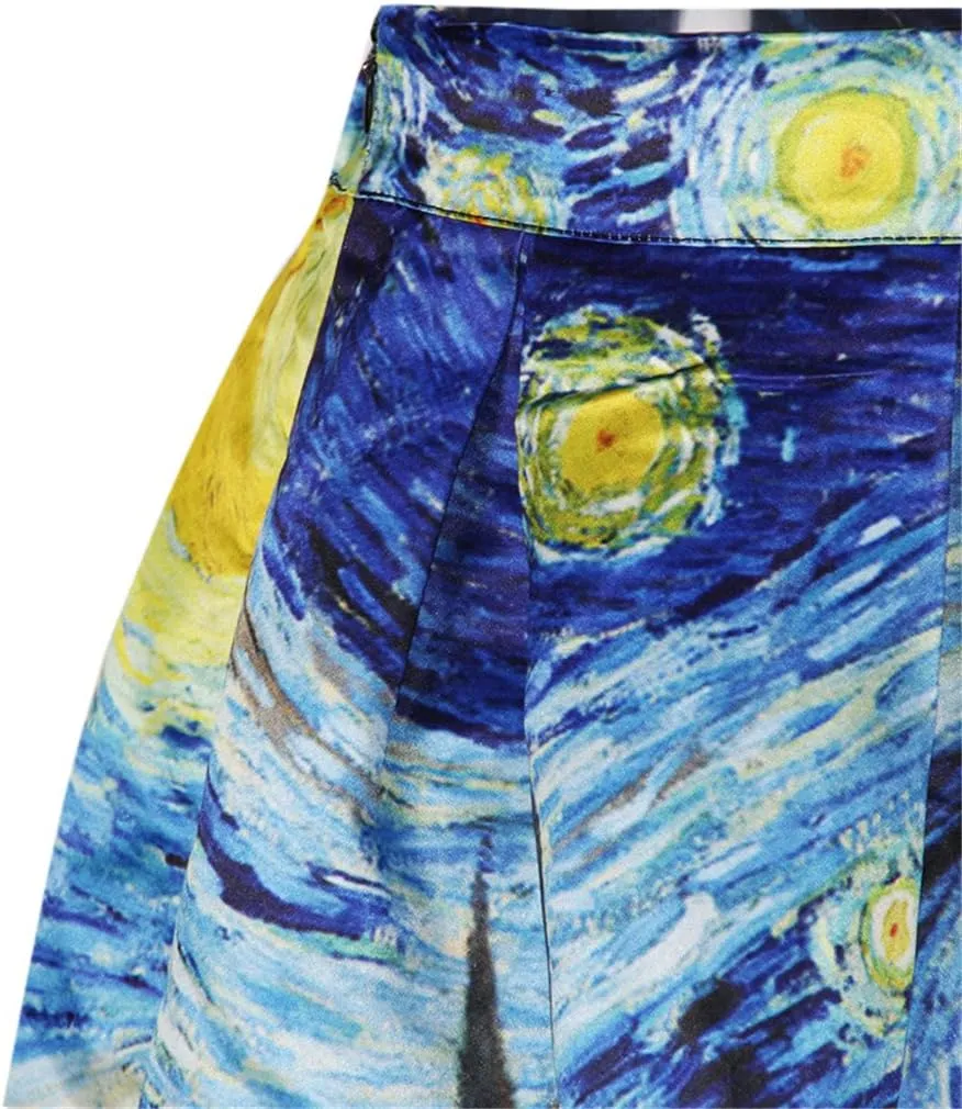 Women's Digital Print High Waisted A-Line Pleated Vintage Midi Skirts