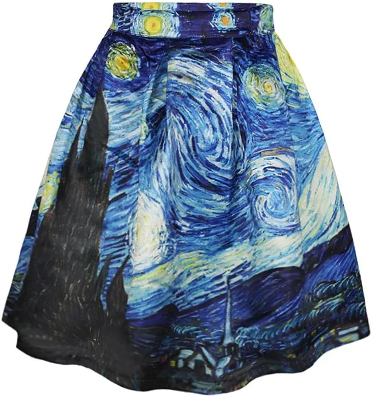 Women's Digital Print High Waisted A-Line Pleated Vintage Midi Skirts