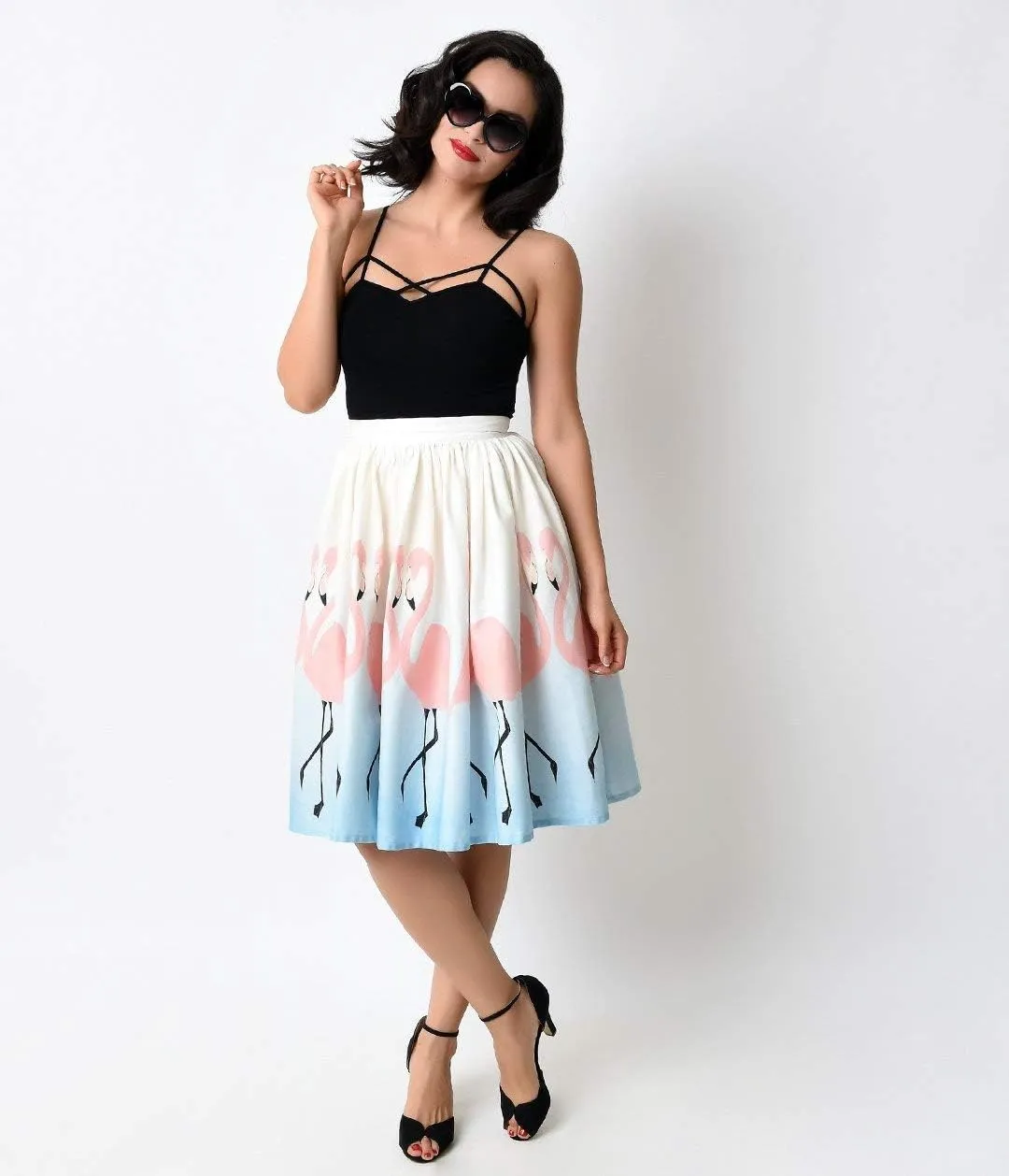Women's Digital Print High Waisted A-Line Pleated Vintage Midi Skirts