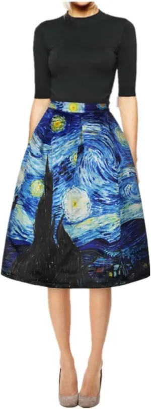 Women's Digital Print High Waisted A-Line Pleated Vintage Midi Skirts