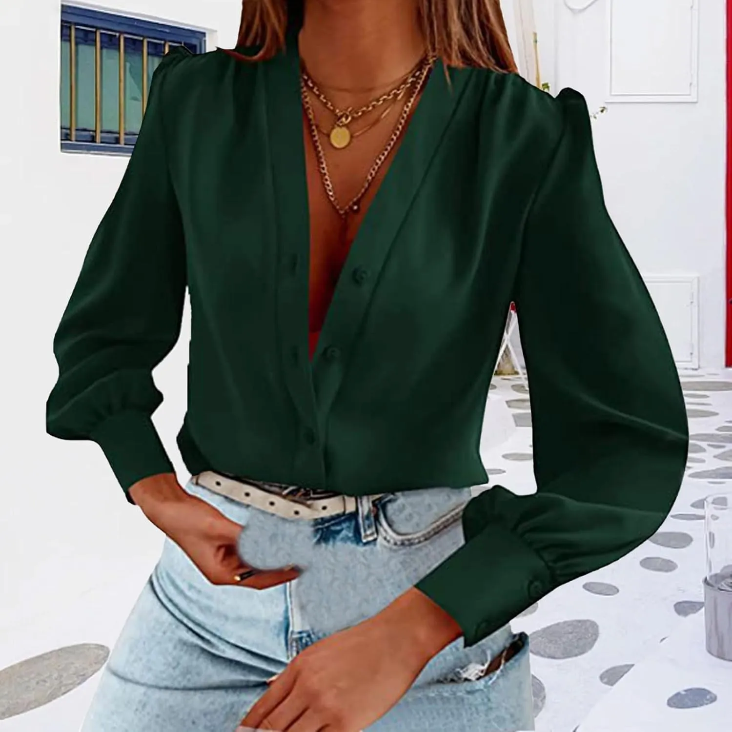 Womens Dress Shirts Summer Casual V Neck Long Sleeve Tops Lightweight Button Down Shirts Comfortable Loose Fit Blouses