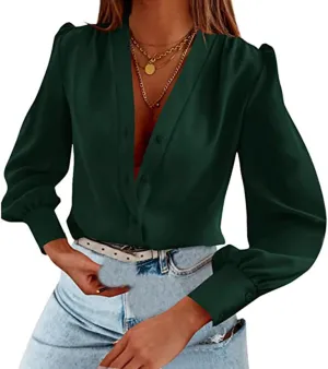 Womens Dress Shirts Summer Casual V Neck Long Sleeve Tops Lightweight Button Down Shirts Comfortable Loose Fit Blouses