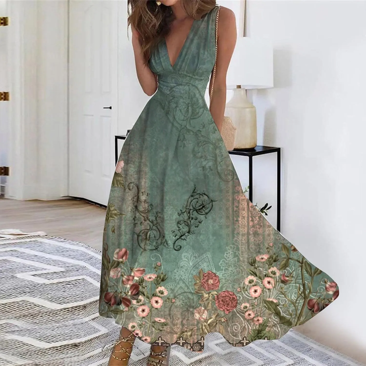 Womens Dresses High Waiste Printed Sundresses Deep V Neck Sleeveless Dresses Flowy Stylish Dresses Retro Maxi Dress