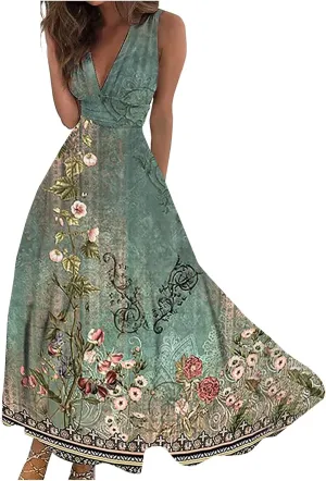 Womens Dresses High Waiste Printed Sundresses Deep V Neck Sleeveless Dresses Flowy Stylish Dresses Retro Maxi Dress