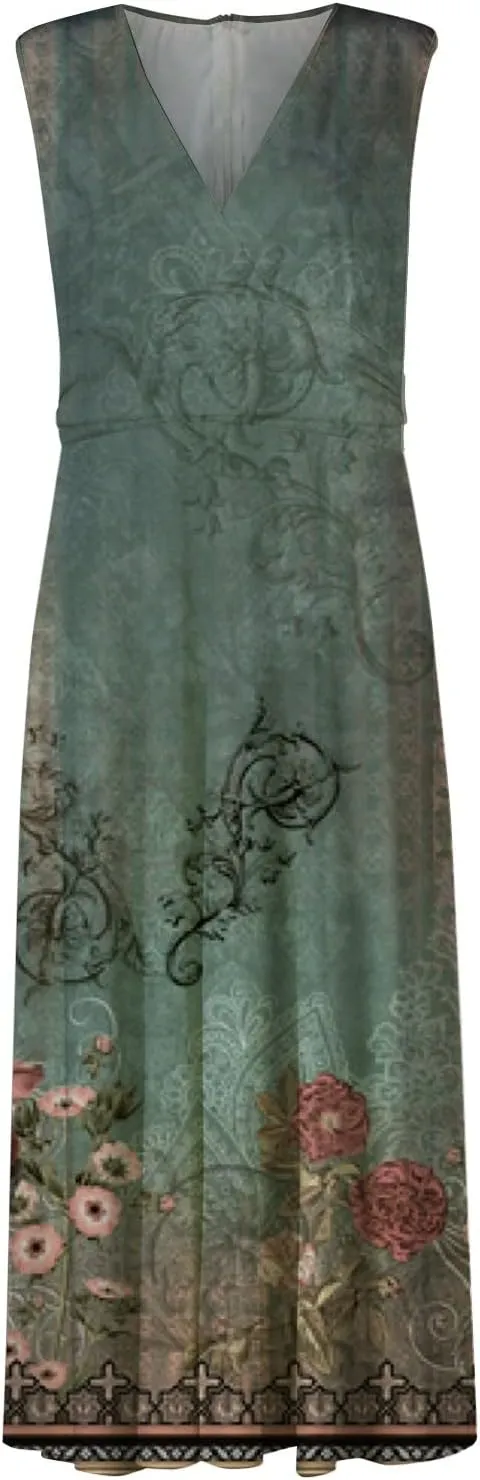 Womens Dresses High Waiste Printed Sundresses Deep V Neck Sleeveless Dresses Flowy Stylish Dresses Retro Maxi Dress