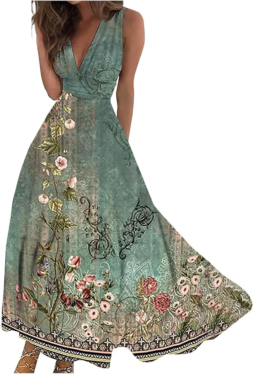 Womens Dresses High Waiste Printed Sundresses Deep V Neck Sleeveless Dresses Flowy Stylish Dresses Retro Maxi Dress